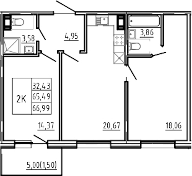 2-комнатная квартира 66.99 м², 3/5 эт., Комплекс апартаментов «Bereg. Курортный»